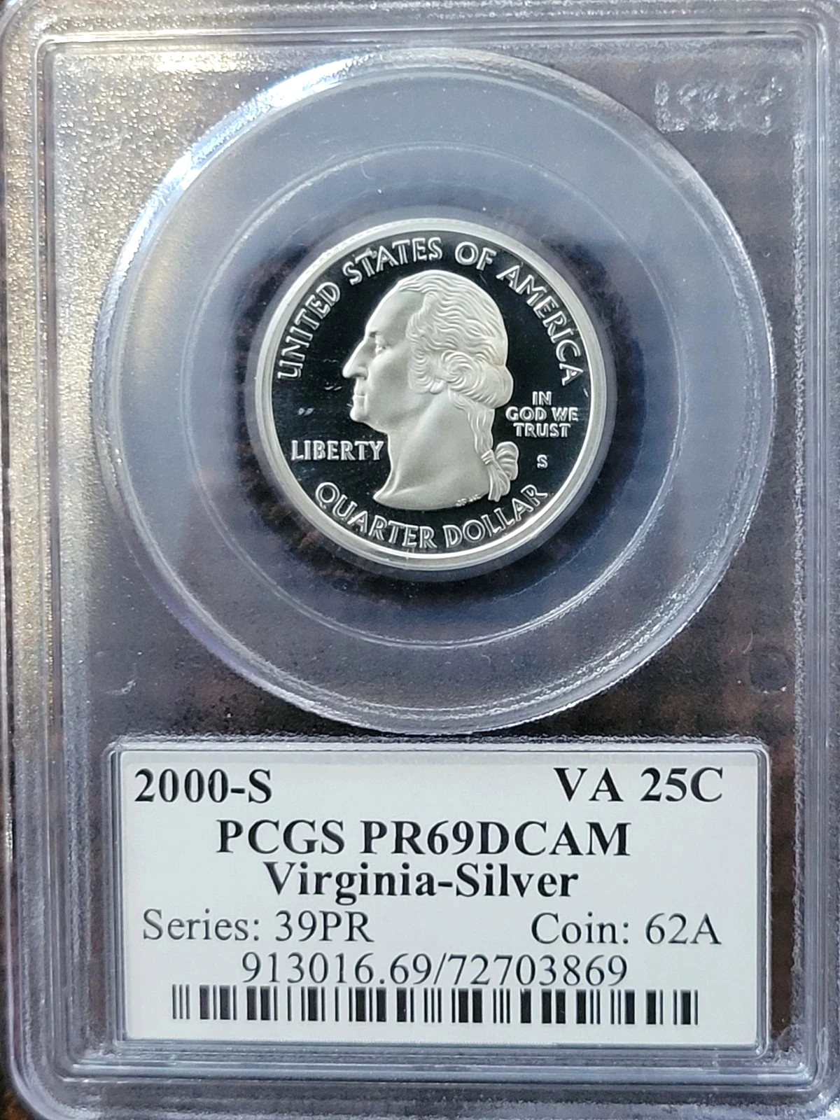 ✅ 2000-S Virginia 90% SILVER Washington Quarter ~ PCGS PR69DCAM State Flag Label