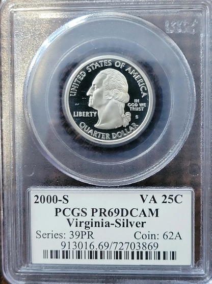 ✅ 2000-S Virginia 90% SILVER Washington Quarter ~ PCGS PR69DCAM State Flag Label