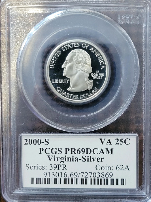 ✅ 2000-S Virginia 90% SILVER Washington Quarter ~ PCGS PR69DCAM State Flag Label
