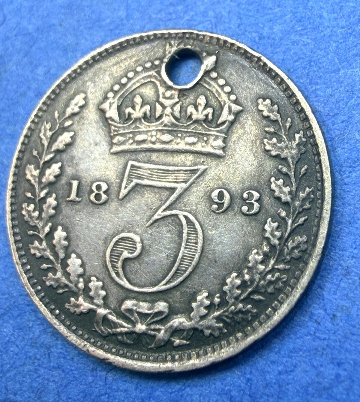 1893 Great Britain 3 Pence Silver Queen Victoria Veiled Head Holed Threepence