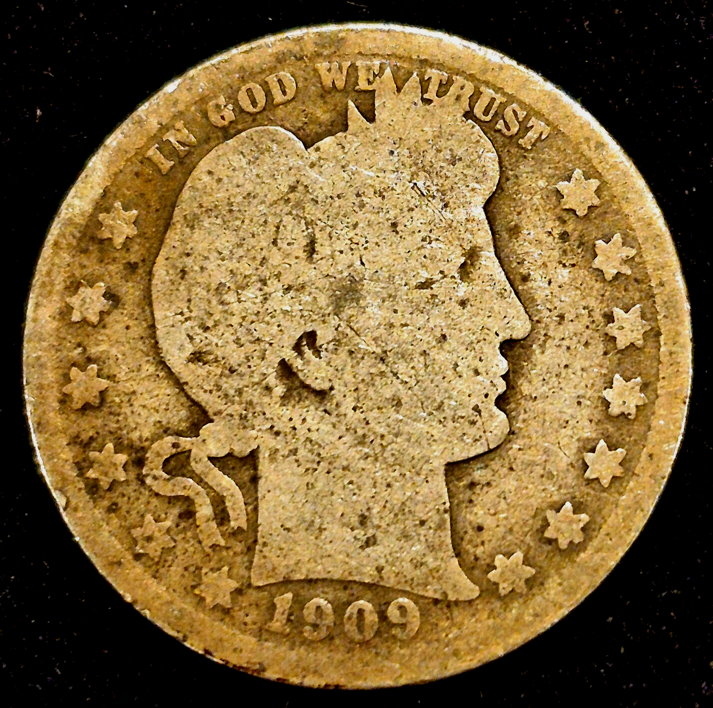 1909 Barber Silver Quarter 90% SILVER Coin Good Circulated Features 25C