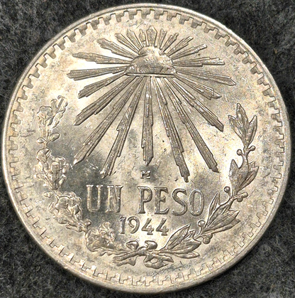 1944 Mexico Silver Un Peso Plata Coin Cap & Rays Crisp AU/BU Great Luster Video
