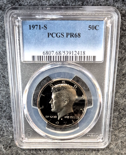 1971-S Kennedy Half Dollar PCGS PR68 Proof 50C Clad Coin - Scratched Holder