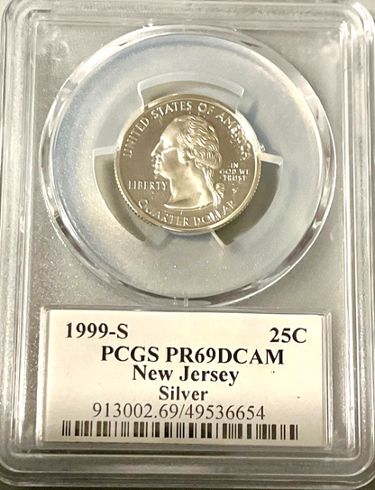 ✅ 1999-S New Jersey 90% SILVER Washington Quarter ~ PCGS PR69DCAM State Flag