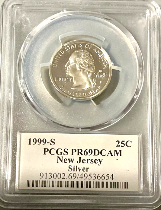 ✅ 1999-S New Jersey 90% SILVER Washington Quarter ~ PCGS PR69DCAM State Flag