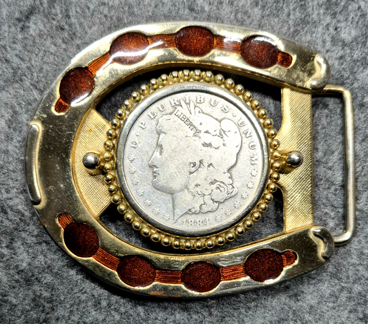 1884 Morgan Silver Dollar Horseshoe Belt Buckle Vintage Western Gold Tone VG