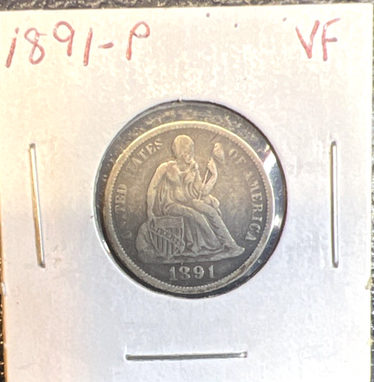 1891 Liberty Seated Dime 90% Silver 10c Coin Full Liberty Very Fine+ Last Year