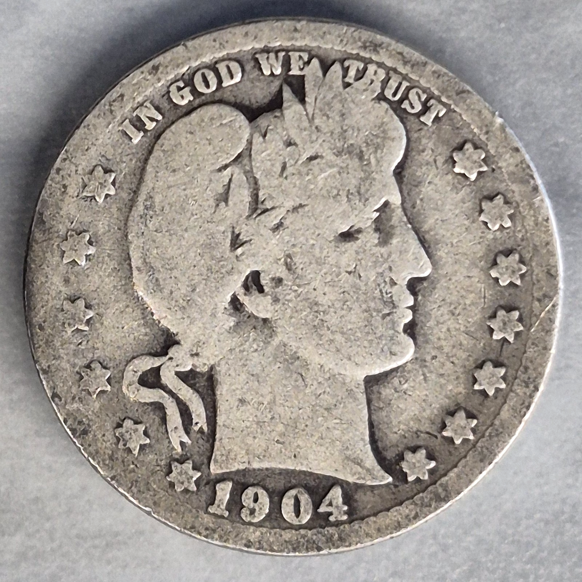 1904 Barber Liberty Head Quarter 25C 90% Silver Philadelphia US Coin Good