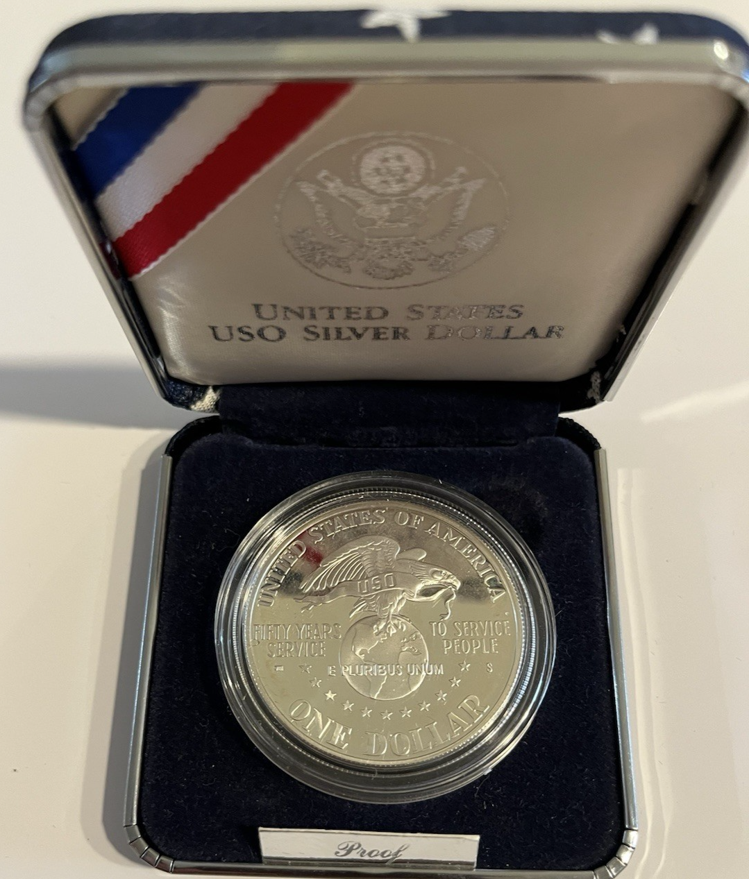 1991 S USO 50th ANNIVERSARY 90% Silver Dollar Gem Proof Coin Holder and Case