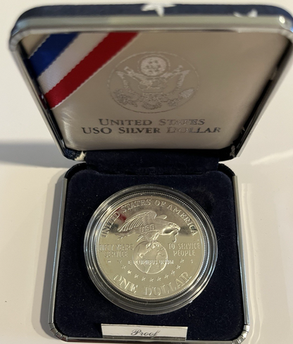 1991 S USO 50th ANNIVERSARY 90% Silver Dollar Gem Proof Coin Holder and Case