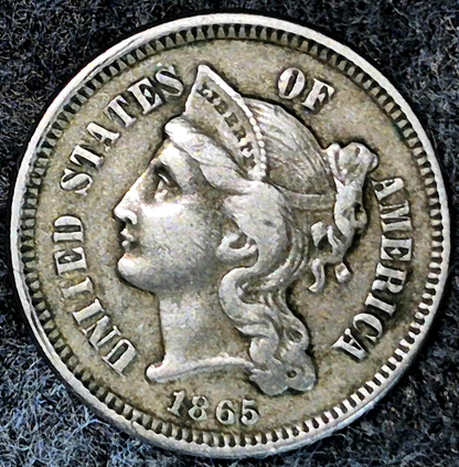 1865 First Year 3 Cent Nickel XF++ Features Full Liberty & Clear Pillar Lines