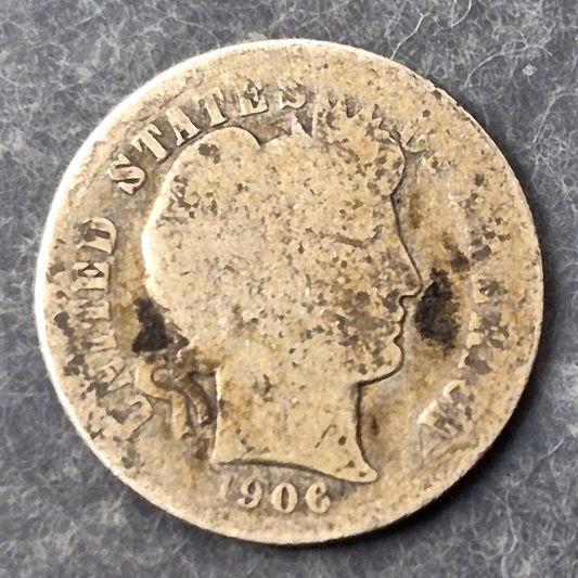 1906-D Barber Dime 10C First Year Denver Mint 90% Silver Liberty Head Good