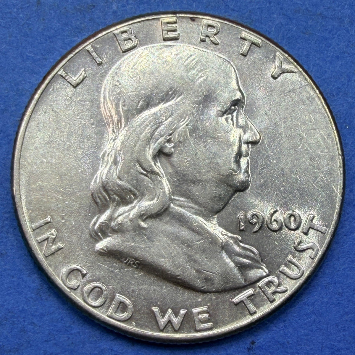 1960 Franklin Half Dollar 50C AU About Uncirculated 90% Silver Iridescent Toned