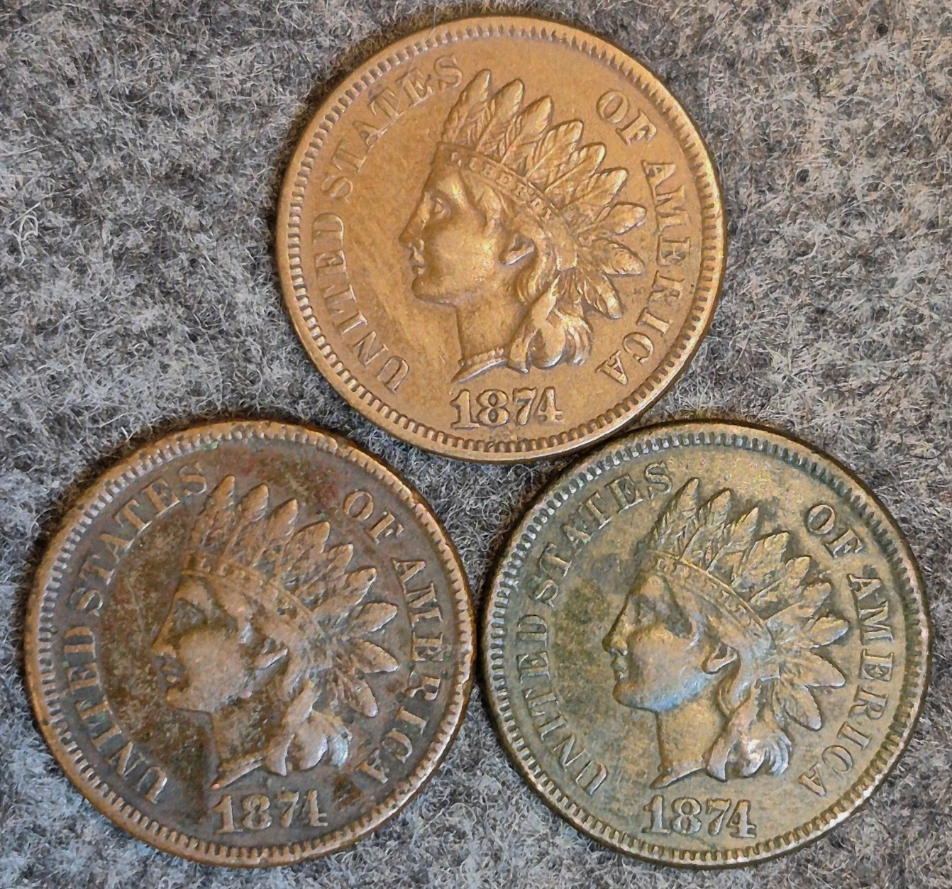 Lot (3) 1874 Indian Head Cents Different Tones Matching VF Features Coins Shown