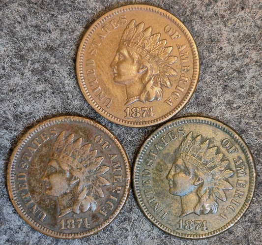 Lot (3) 1874 Indian Head Cents Different Tones Matching VF Features Coins Shown