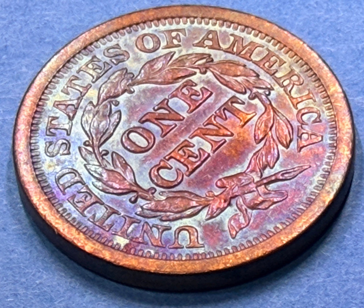 1851 Braided Hair Large Cent 1C XF-AU Rainbow Toned Copper Penny US Coin