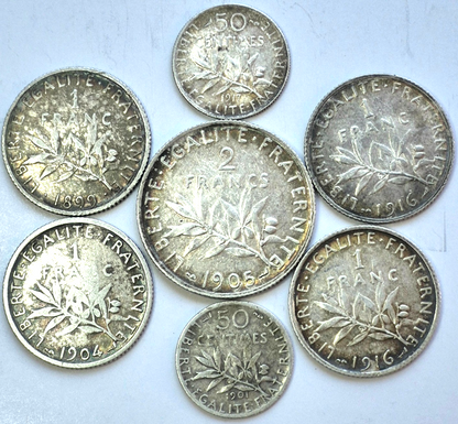 Lot (7) France .835 Silver Coins, (1) 2 Francs (4) 1 Franc (2) 50 Centimes Toned
