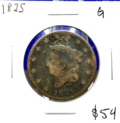 1825 Coronet Matron Head Large Cent Copper Penny ROTATED DIE 1c Collectible Coin