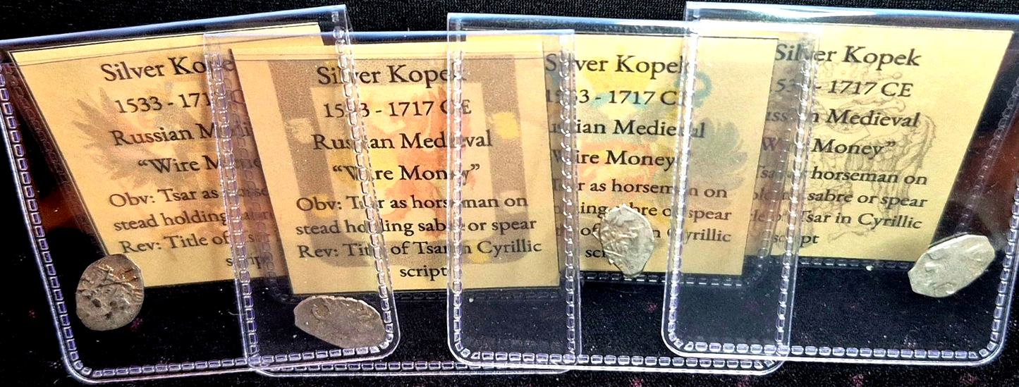 Lot (4) Russian Medieval Silver Kopek Wire Money Coin (1533-1717 CE) Uncertified