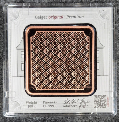 Geiger Edelmatalle Premium 100 Gram 9999 Copper Bar In Mint Assay 5000 Minted