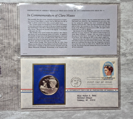 1976 Postmasters of America Clara Maass Sterling Silver Proof Medal FDC Set