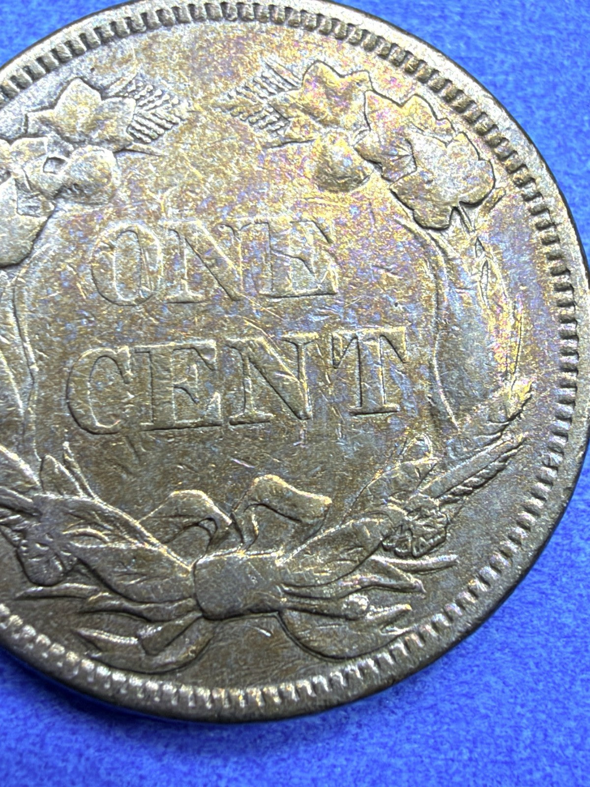 1858 Flying Eagle Cent XF Rainbow Toner Purple Gold Large Letters Low Leaves?