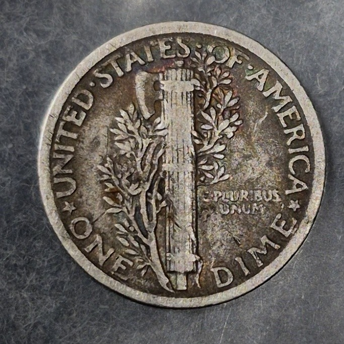 1921 P Mercury Dime Key Date Low Mintage 1,230,000 Fine 90% Silver 10c Toned