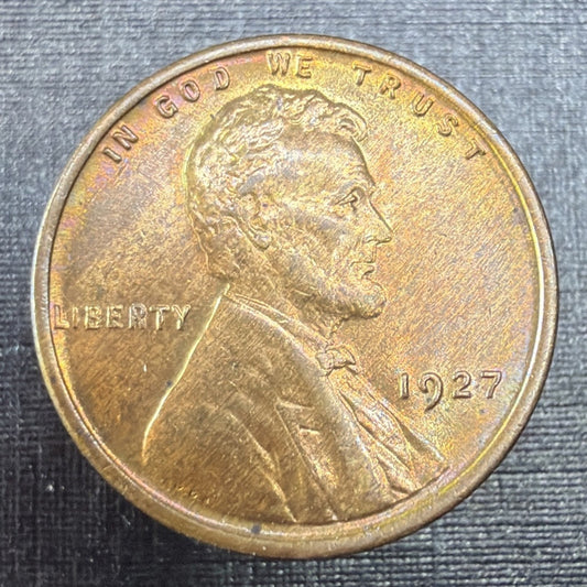 1927 Lincoln Wheat Cent Penny BU Rainbow Toned Uncirculated Philadelphia US Coin