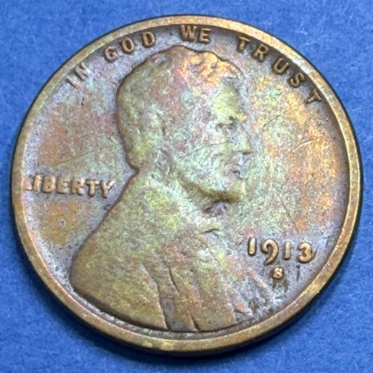 1913-S Lincoln Wheat Cent Semi-Key Date AU San Francisco Mint Toned Coin