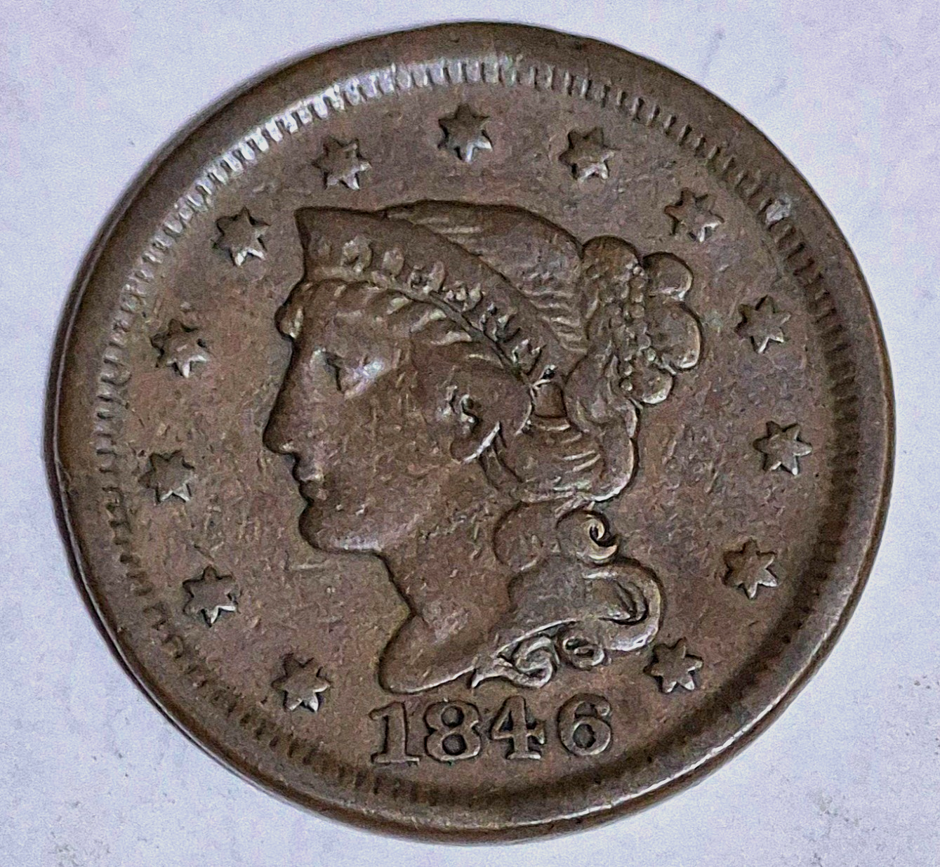 1846 Braided Hair Large Cent N17 R3 Small Date Strong VF-XF Features 1C Liberty