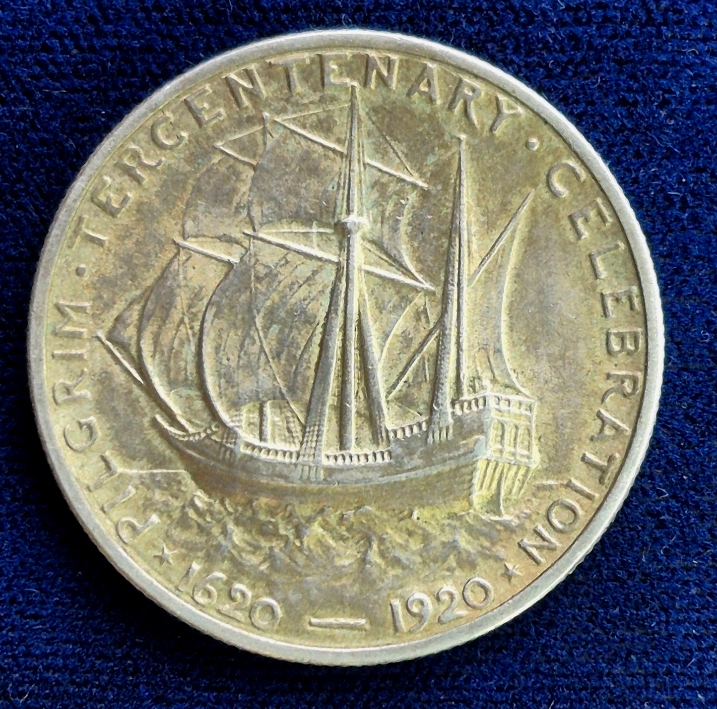 1920 Pilgrim Commemorative Half Dollar 50C - 90% Silver - Incredible Toning