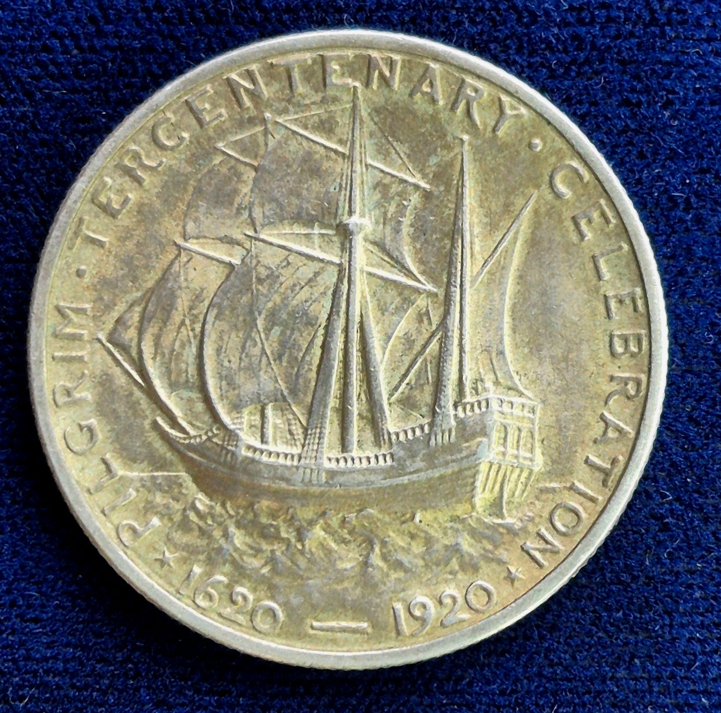 1920 Pilgrim Commemorative Half Dollar 50C - 90% Silver - Incredible Toning