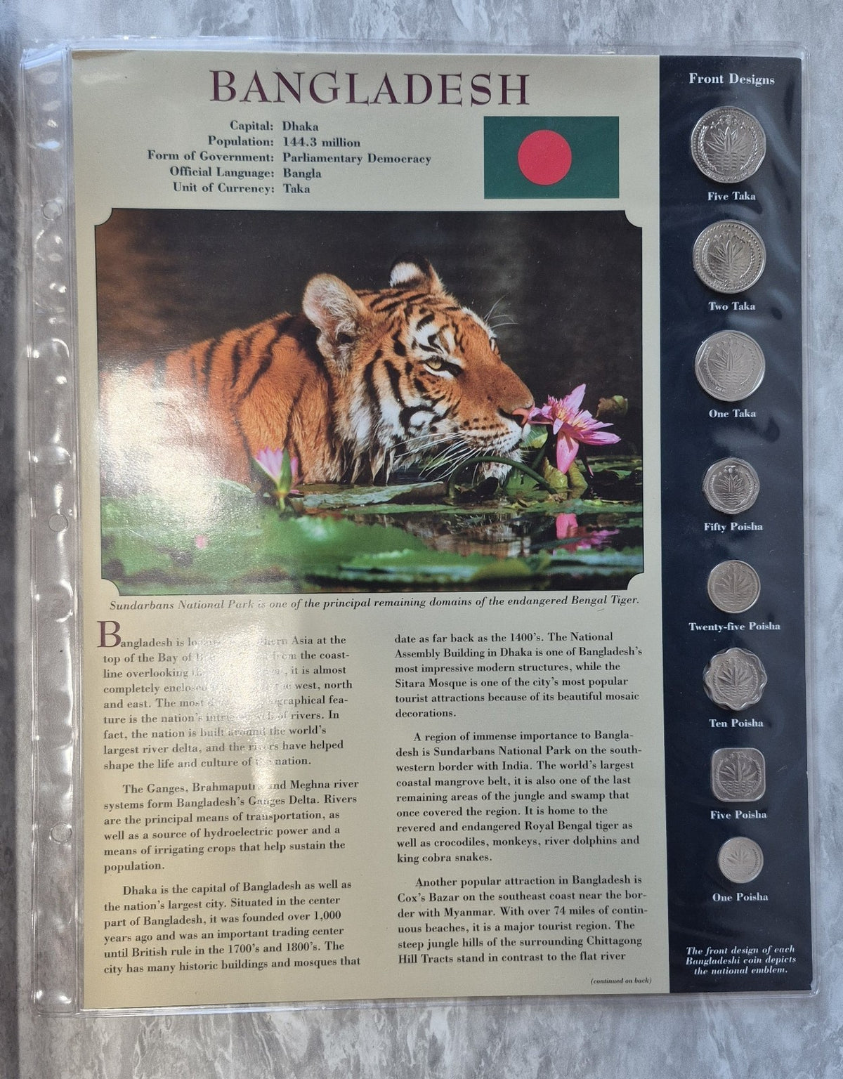 Bangladesh 8 Coin Set Sheet 1 5 10 25 50 Poisha 1 2 5 Taka Uncirculated Tiger