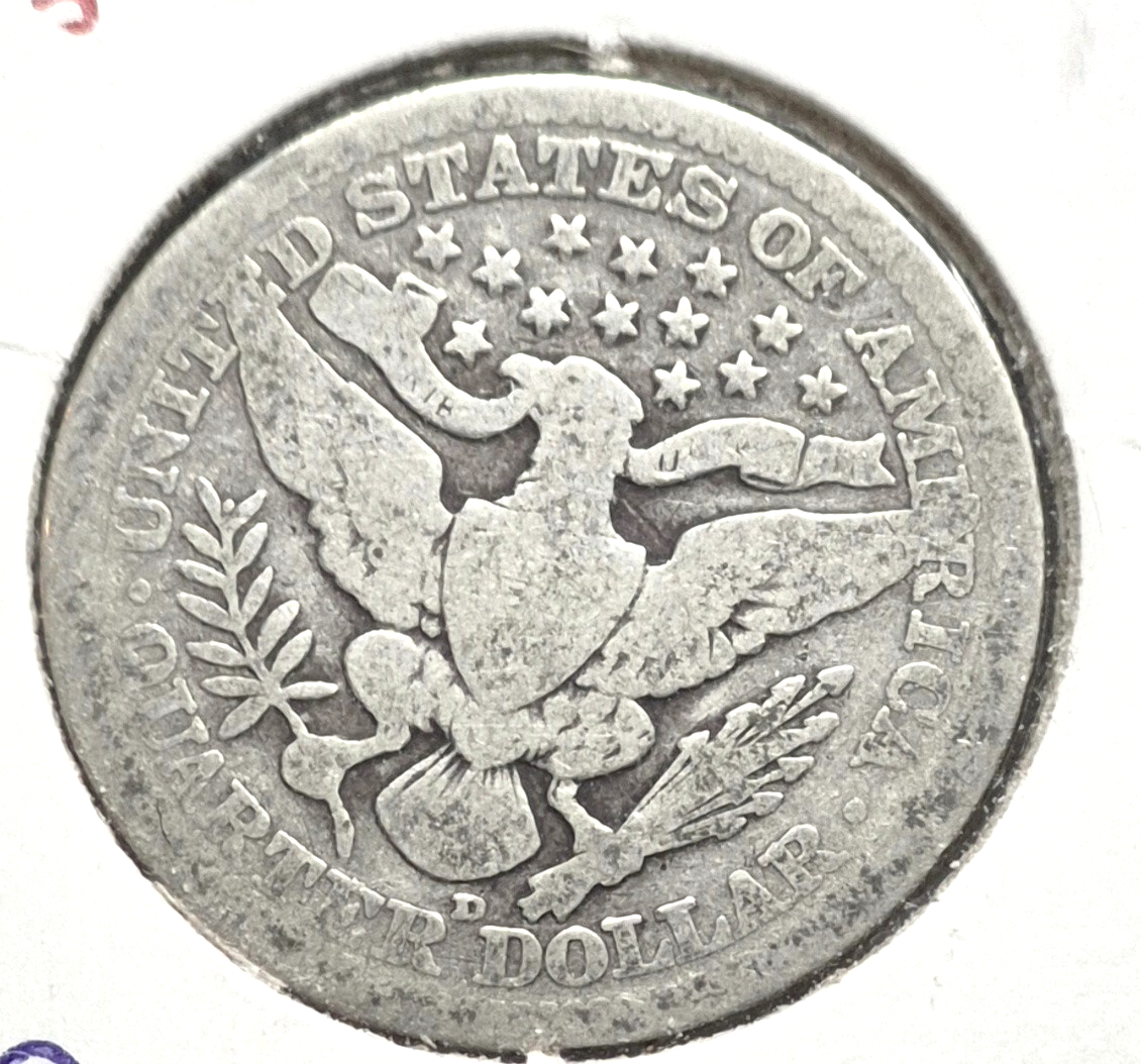 1915 D Barber Silver Quarter 90 % SILVER Vintage Coin Raw Circulated Condition