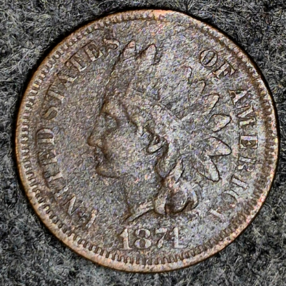 1874 Indian Head Cent Penny, F+/VF Features, LIBERTY, Receive Coin Pictured 1C