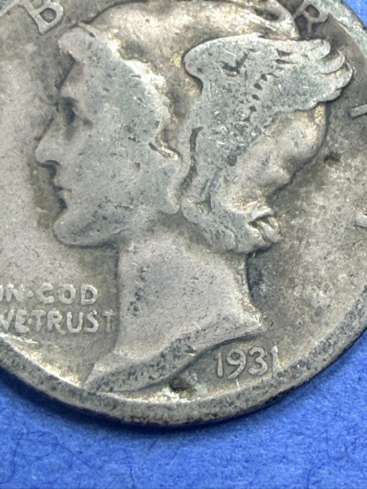1931 Mercury Dime 10C F Fine Toned Better Date Low Mintage 90% Silver US Coin