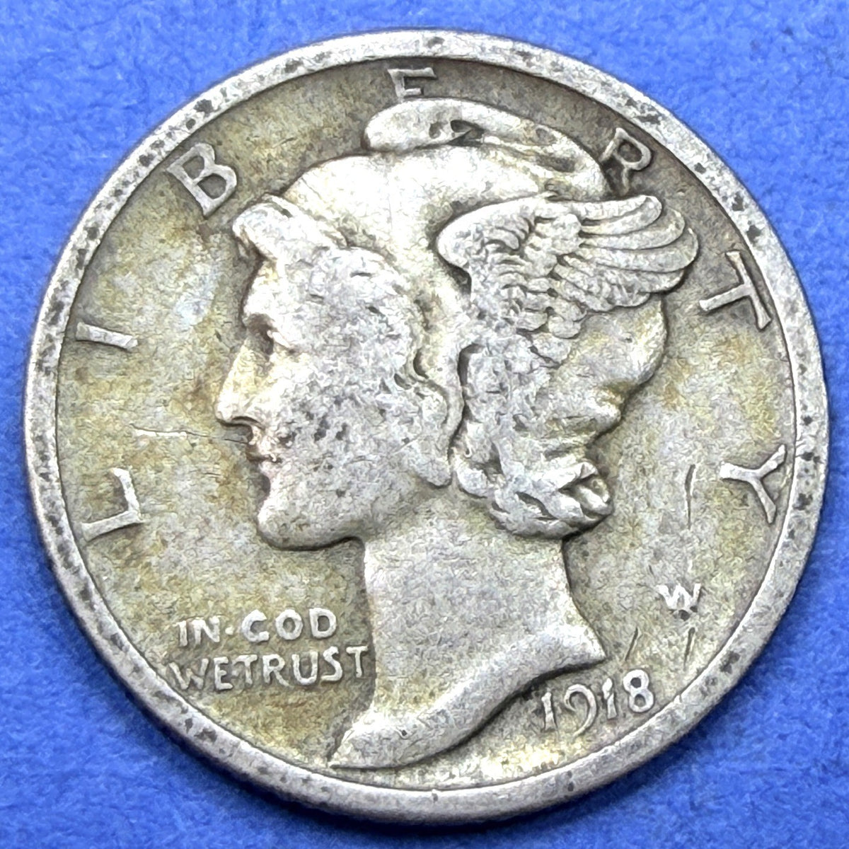 1918 Mercury Dime 10C 90% Silver VF Details W Counterstamp Graffiti Disclosed
