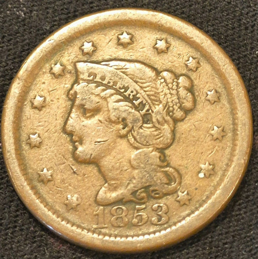 1853 Braided Hair Large Cent N11 R2 GSID 1168 strong VF Features