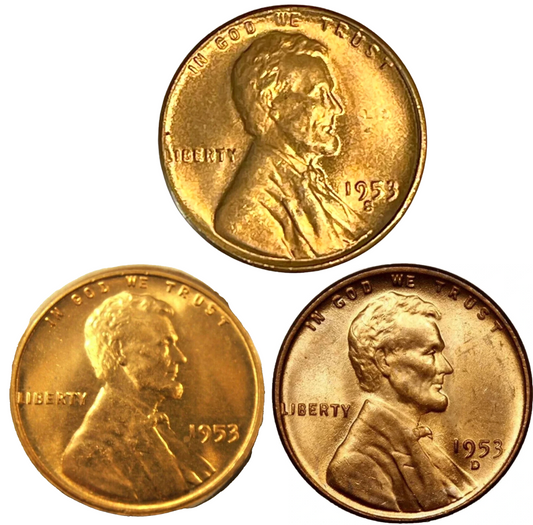 1953 P/D/S BU Uncirculated 3 COIN SET Lincoln Wheat Cents Choice RED Beauties
