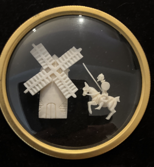 Vintage Ivory Hand Carved in Spain Don Quixote Windmill Horse Framed Artwork