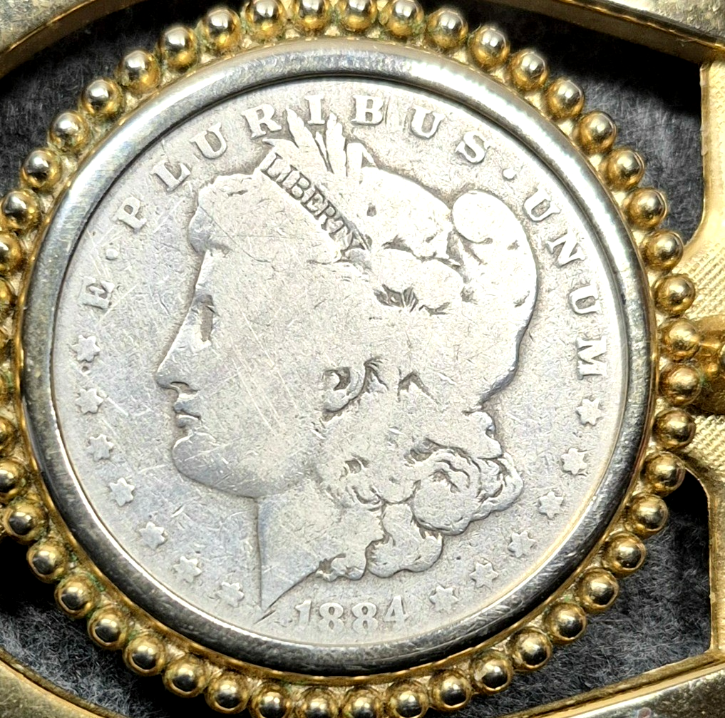 1884 Morgan Silver Dollar Horseshoe Belt Buckle Vintage Western Gold Tone VG