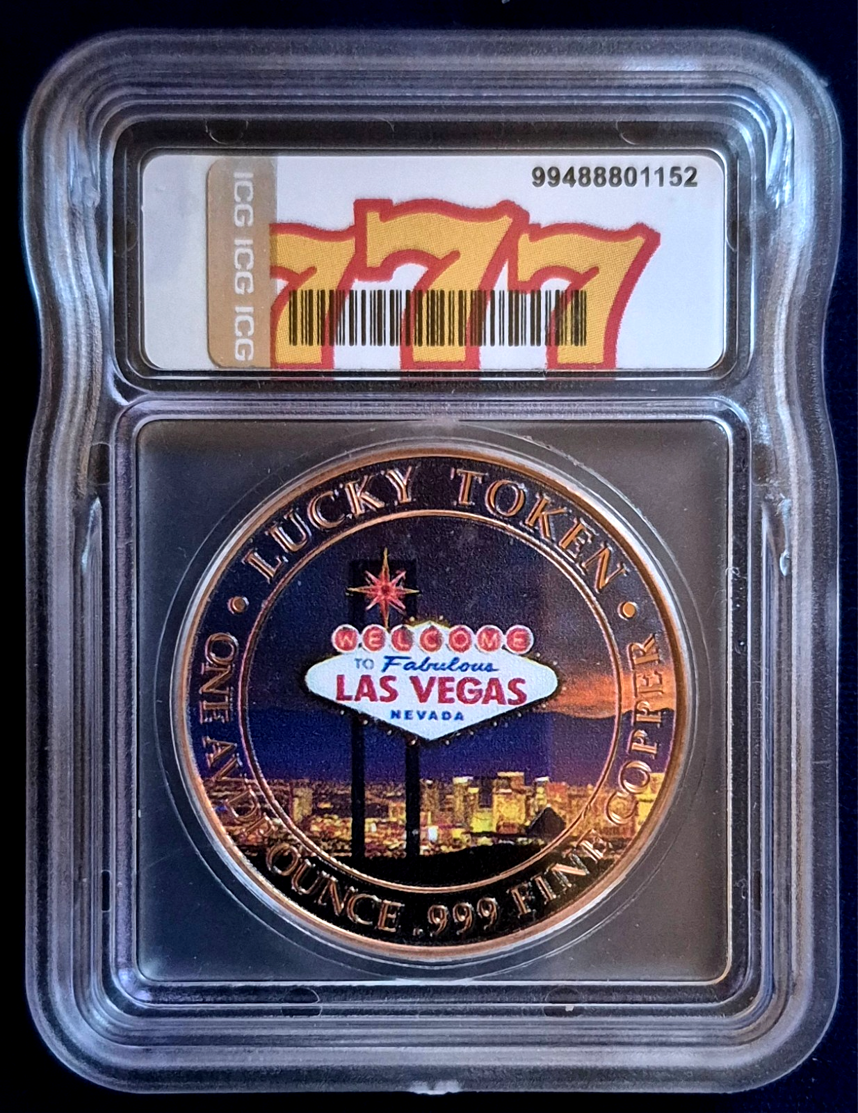 ICG Brilliant Unc Jackpot 1 oz Copper Colorized Lucky Token Las Vegas 777 Round