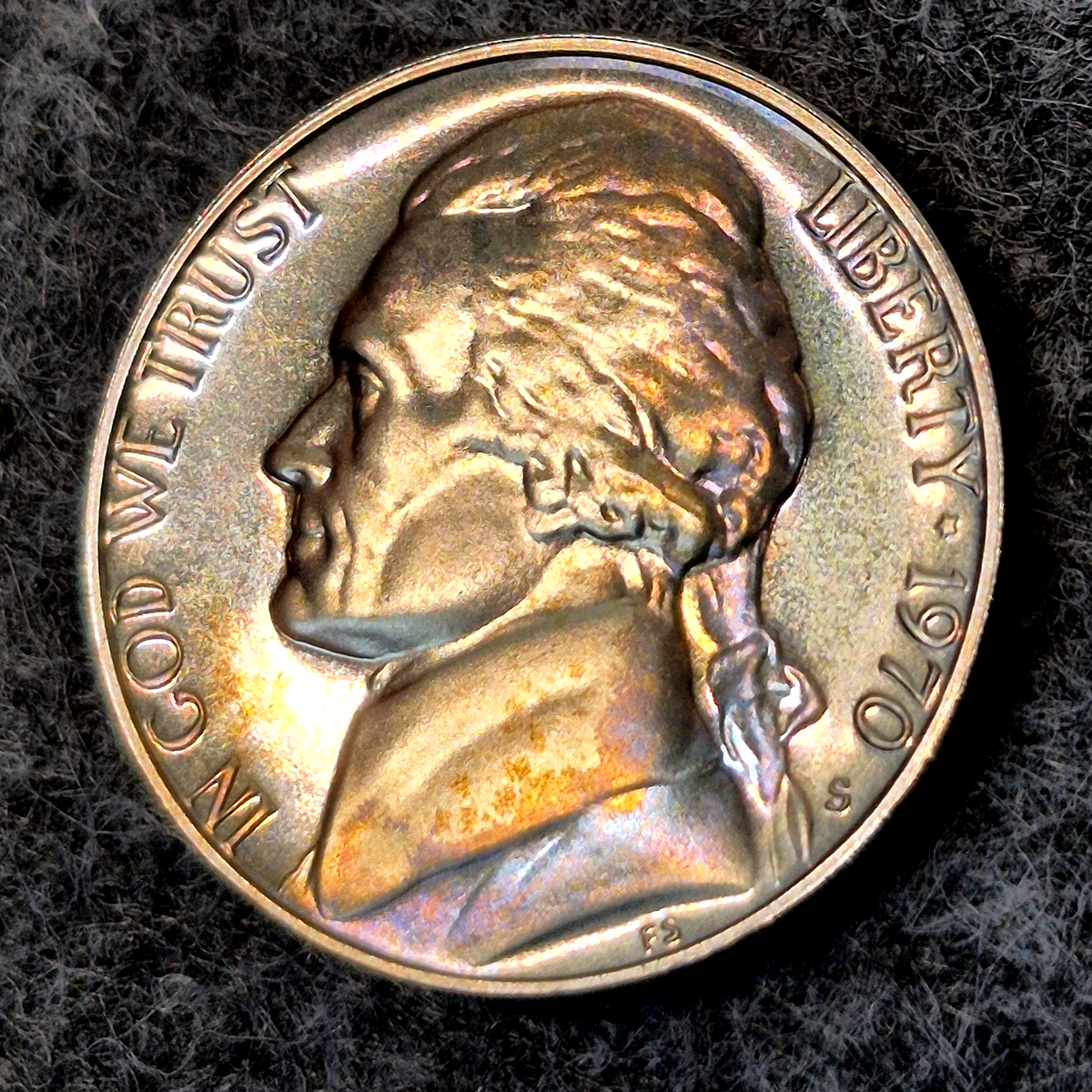 1970-S Jefferson Nickel 5C Choice Proof Rainbow Toned Toning San Francisco Coin