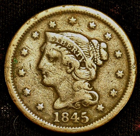 1845 Braided Hair Large Cent N9 R2 GSID 1111 Strong F-VF Features