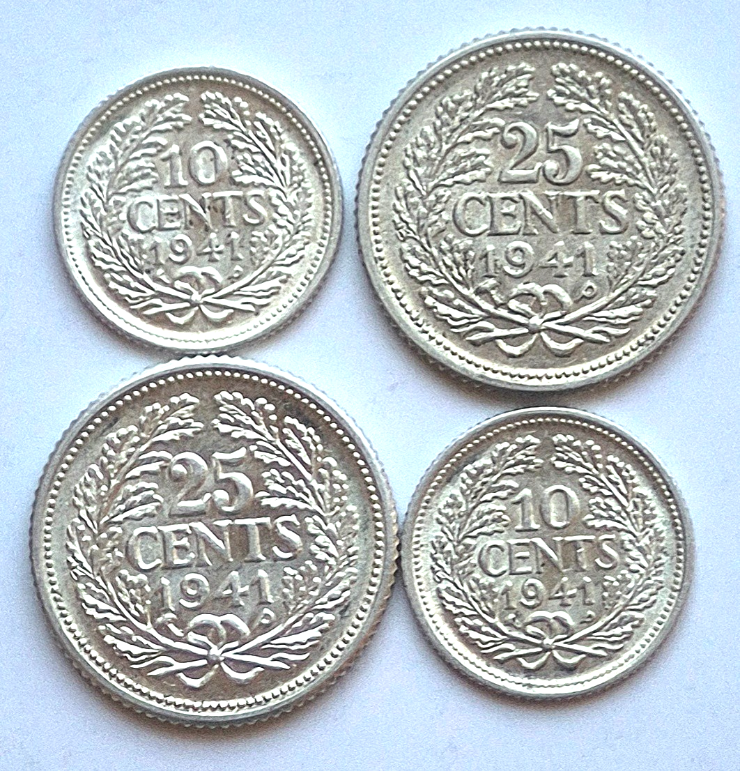 (4) CURACAO 1941-P .640 SILVER COINS (2) 10 CENTS & (2) 25 CENTS AU+ FEATURES