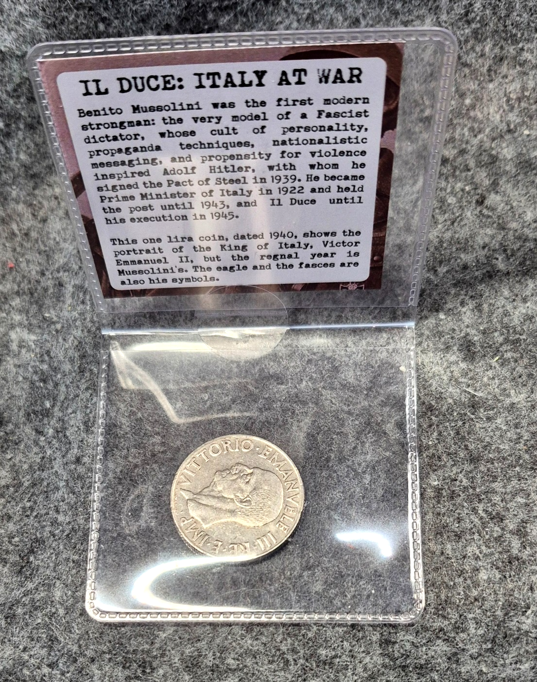 IL Duce: Italy At War 1 1940 1 Lira Coin In Sleeve With Mussolini Story Card