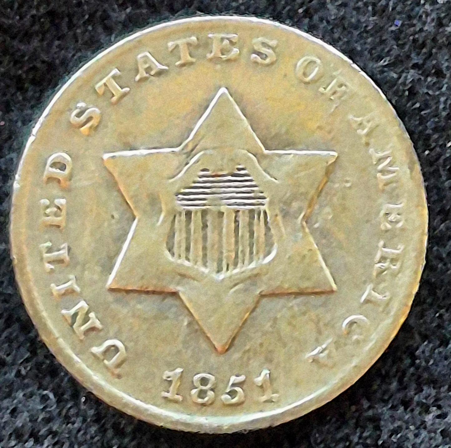 1851 Three Cent Silver Trime 3C First Year, Type 1, VF+ Features Toner See Video