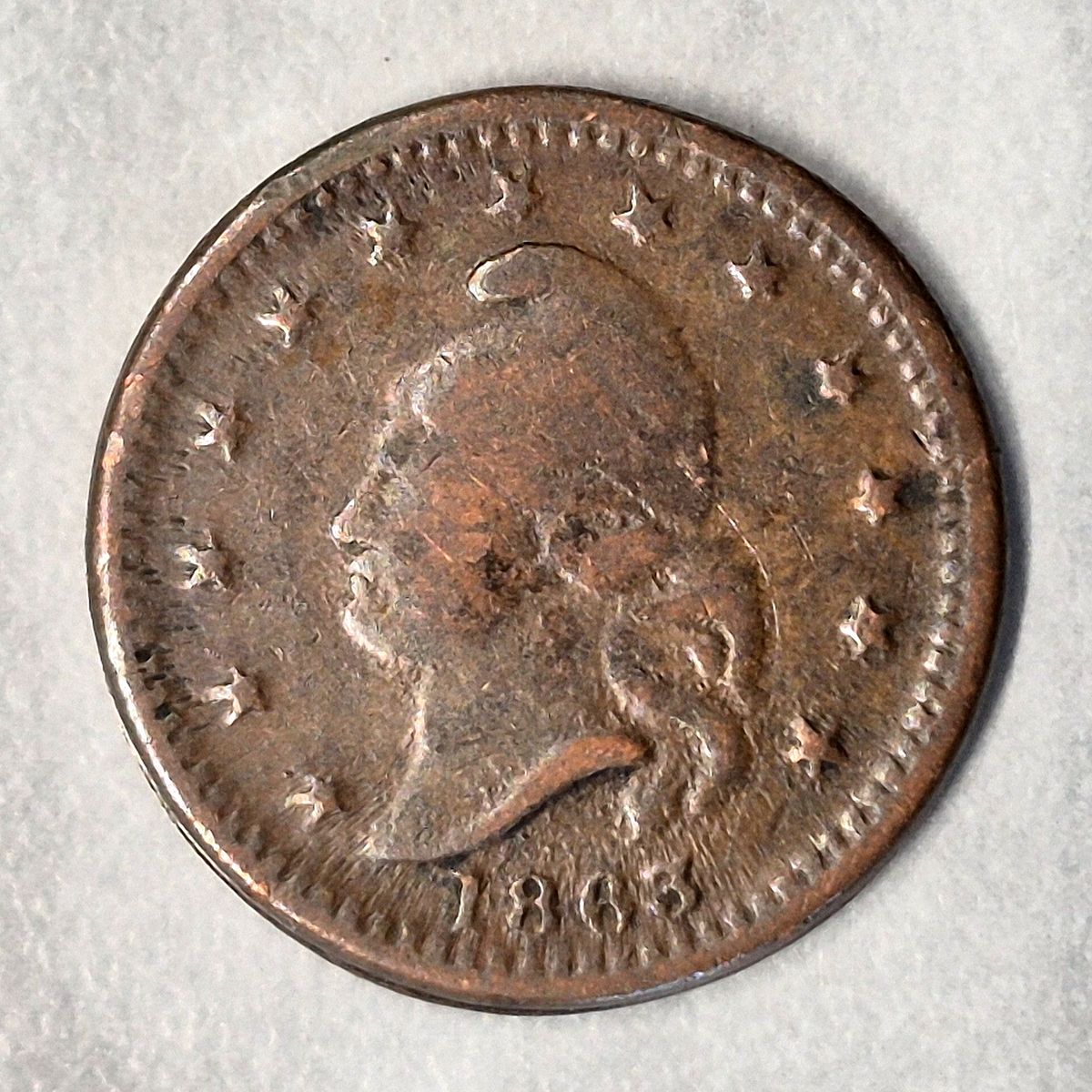 1863 Army & Navy Civil War Token Patriotic CWT Liberty Head 13 Stars VF Copper