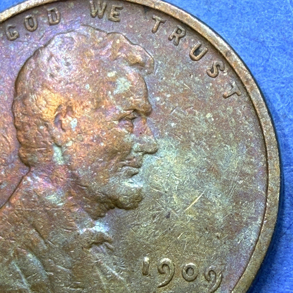 1909 Lincoln Wheat Cent 1C VF Very Fine Rainbow Toned Toner First Year Penny