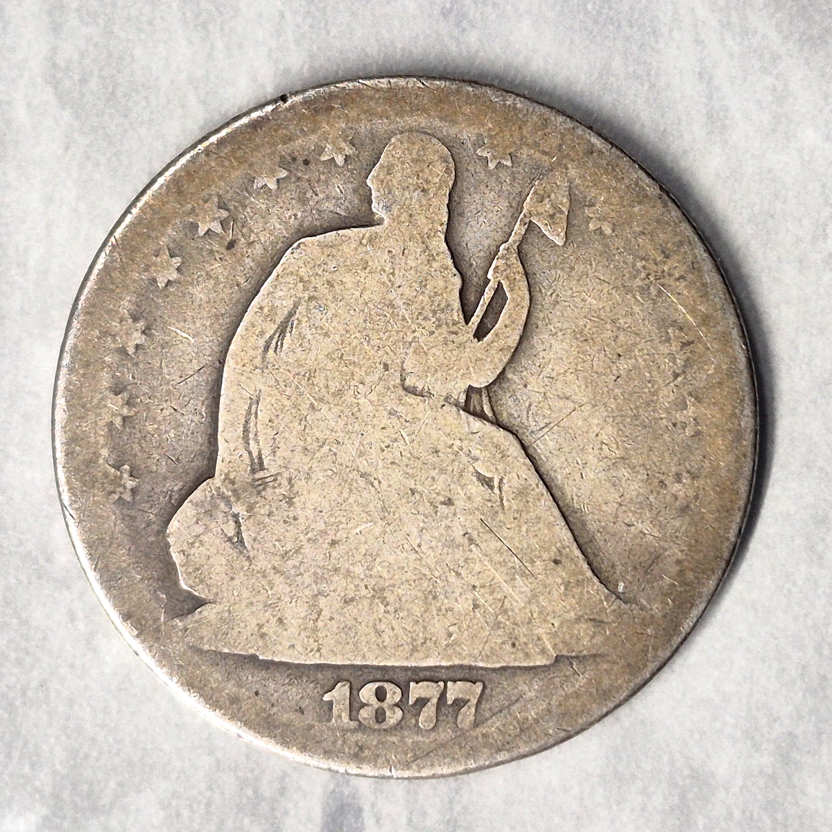 1877 Seated Liberty Half Dollar 90% Silver 50C Philadelphia Mint Type Coin Good